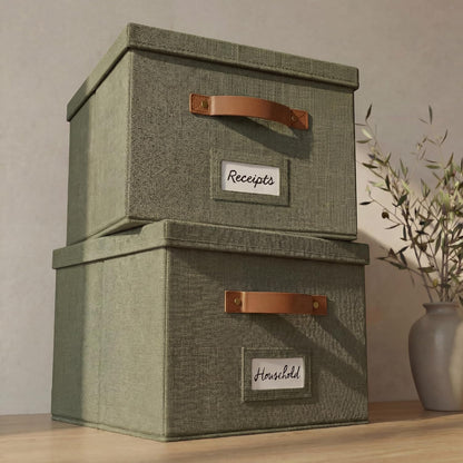 ZICOTO Decorative File Organizer Box Set of 2 - Collapsible Linen Filing Cabinets with Handles Are Perfect to Store All Your Documents & Hanging File Folders - Portable Easy Slide Crates with Lid