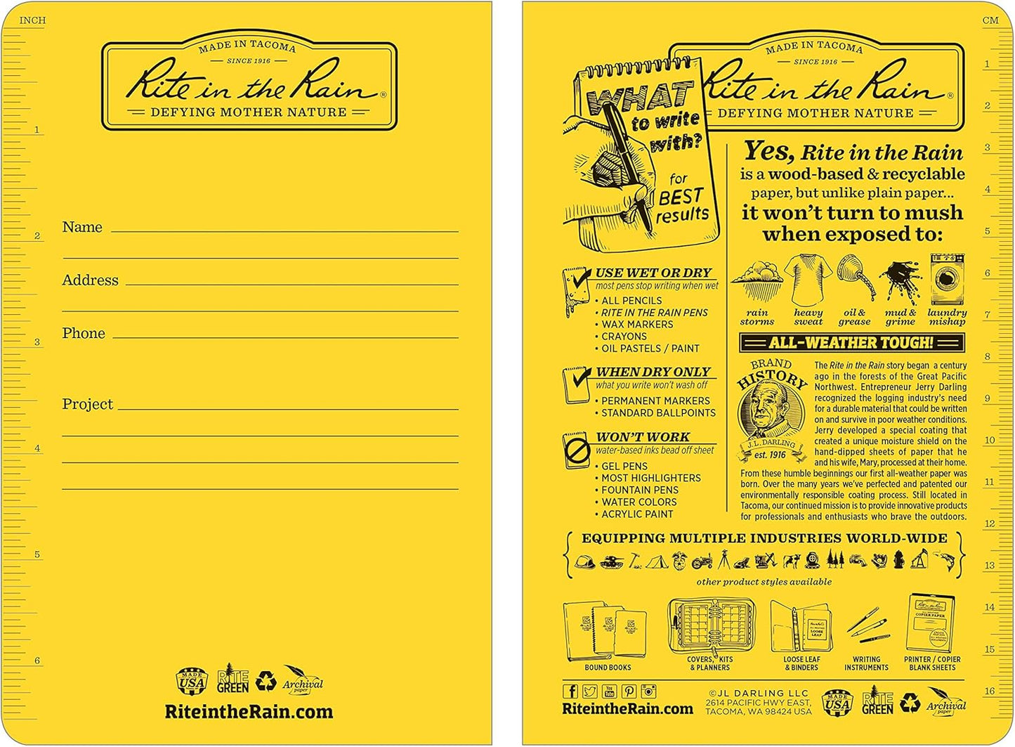 Rite In The Rain Weatherproof Stapled Notebook, 4.625" x 7", Orange Cover, Universal Pattern, 3 Pack (No. OR71FX)