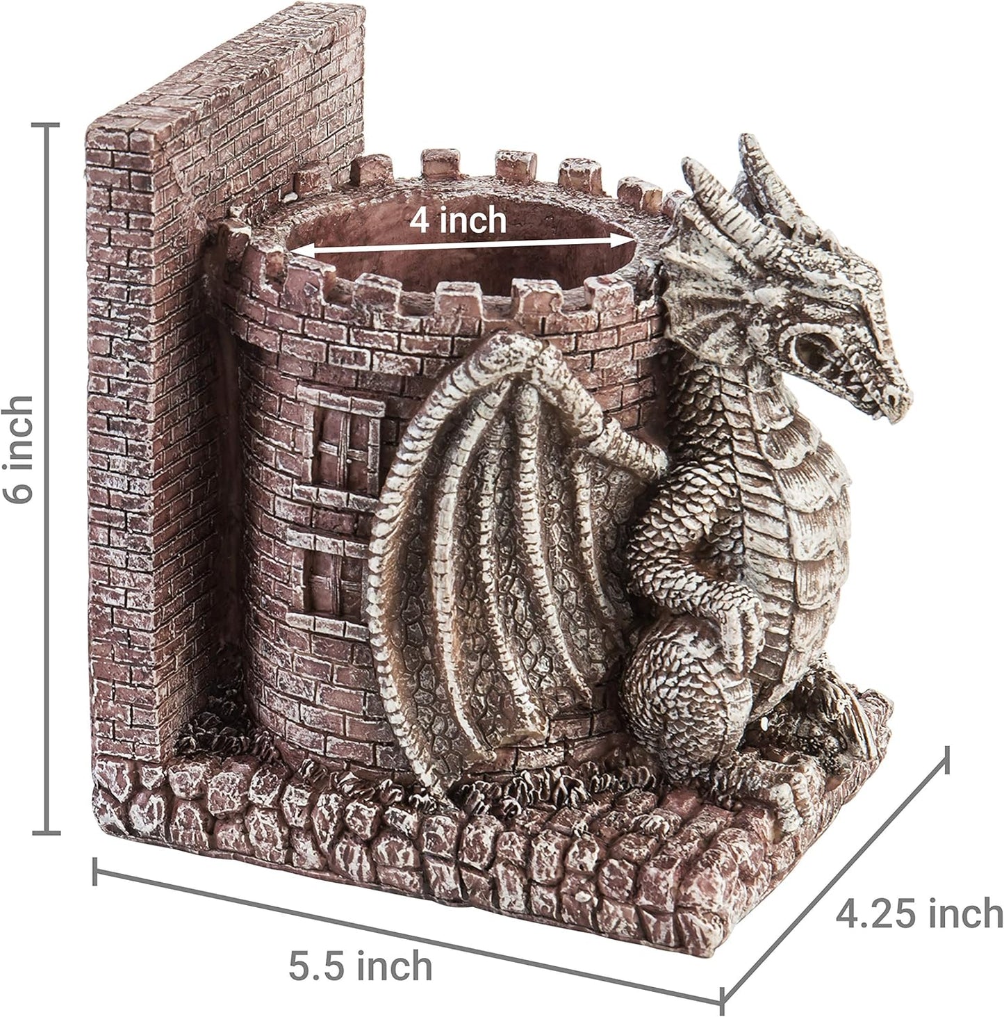 Bookends Dragon, Gothic Black Resin Dragon Guarding Castle Pencil Cup Bookends, Office Desk Book Ends with Decorative Fantasy Dragons and Stone Tower Pen Holders, 1 Pair