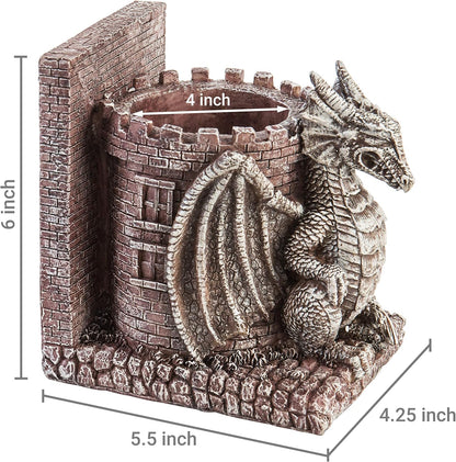 Bookends Dragon, Gothic Black Resin Dragon Guarding Castle Pencil Cup Bookends, Office Desk Book Ends with Decorative Fantasy Dragons and Stone Tower Pen Holders, 1 Pair