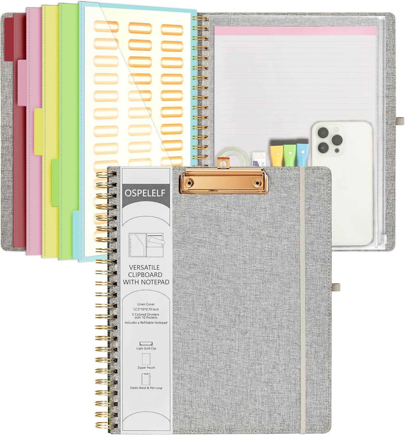 Ospelelf Foldable Spiral Clipboard Folio with Storage Zipper Pouch, 5 Plastic Folders with 10 Pockets,Refillable Lined Notepad (11" x 8.5"), Hardcover Project Organizer with 39 Stickers (Purple)
