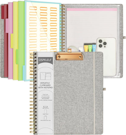 Ospelelf Foldable Spiral Clipboard Folio with Storage Zipper Pouch, 5 Plastic Folders with 10 Pockets,Refillable Lined Notepad (11" x 8.5"), Hardcover Project Organizer with 39 Stickers (Purple)