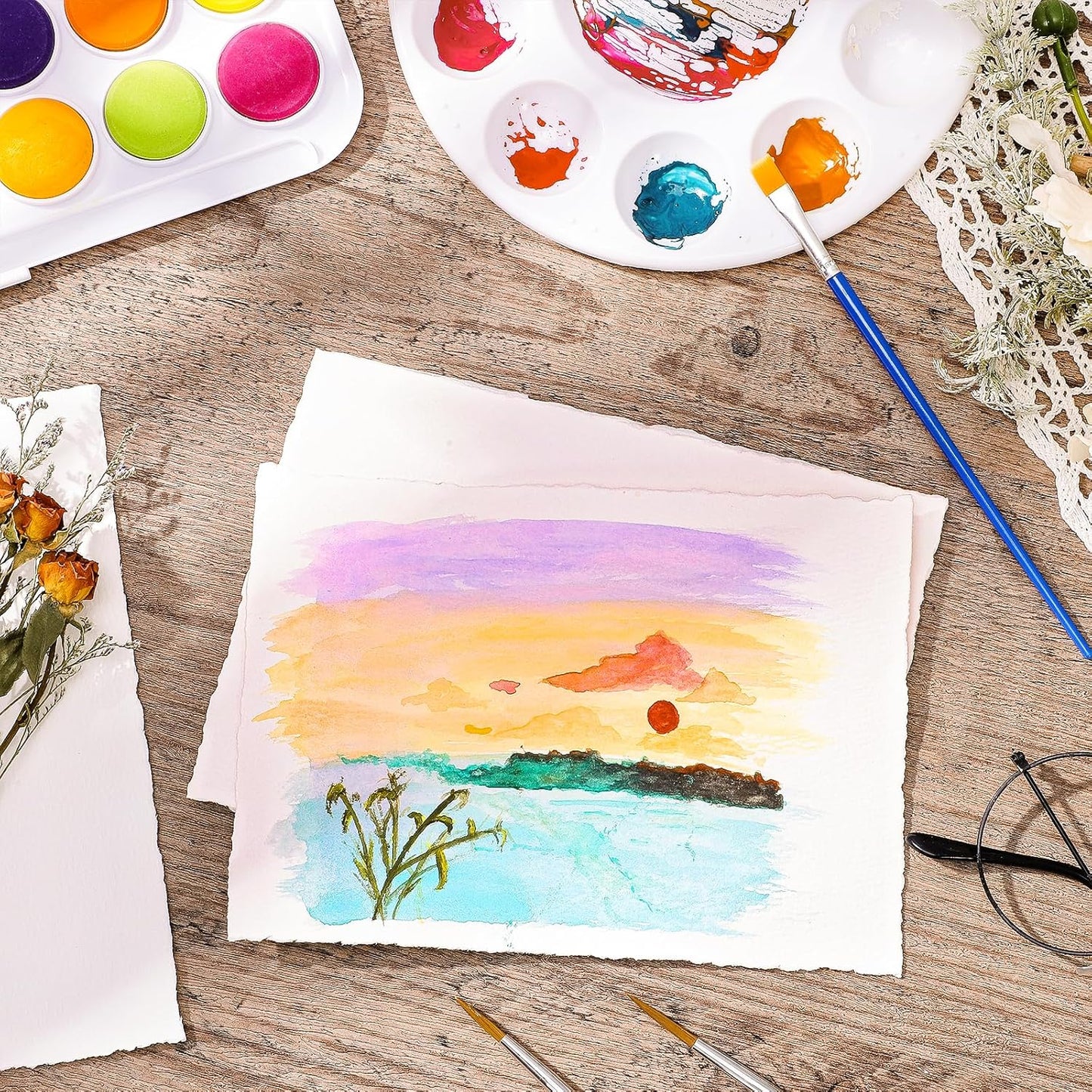 Prudiut 25 Sheets Cotton Watercolor Paper, 300 GSM Deckled Edge, 5 x 7 inch, Rough/Textured, White, for Watercolors, Wedding Invitations, Cards, Crafts