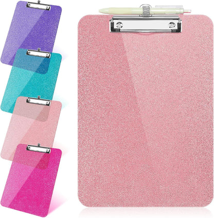 SFLHHDM 1 Pcs Clear Glitter Clipboards, Plastic Clipboard with Pen Holder, Size 8.85 x 12.4 in Shiny Clipboards with Low Profile Clip, Cute Hanging Clipboard for Office School Sparkly Clip Board-Pink
