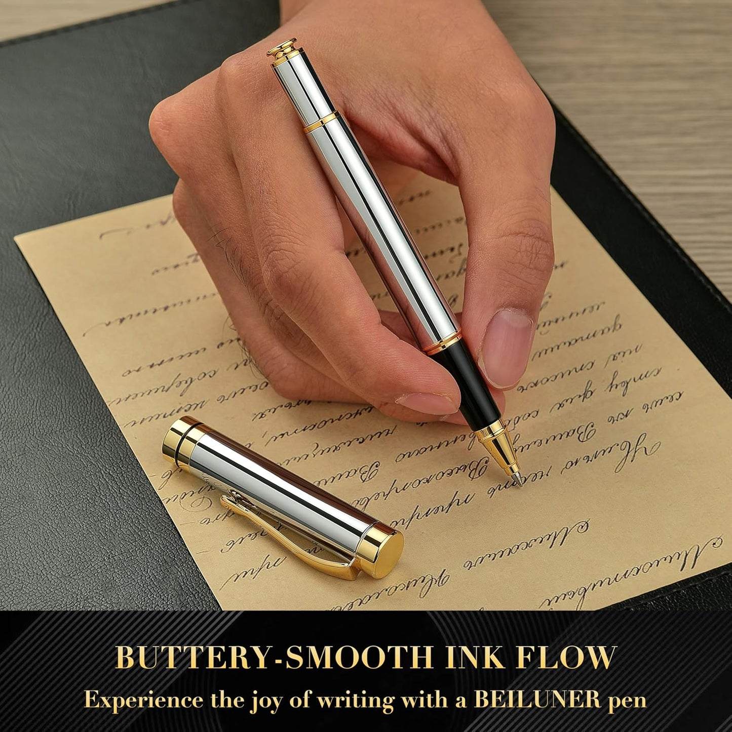 BEILUNER Ballpoint Pens, Stunning Black Chrome Metal Pen with Golden Trim, Best Ball Pen Gift Set for Men & Women, Professional, Executive, Office, Nice Pens-Gift Box with 0.5mm Black Extra Refill