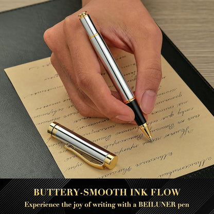 BEILUNER Ballpoint Pens, Stunning Black Chrome Metal Pen with Golden Trim, Best Ball Pen Gift Set for Men & Women, Professional, Executive, Office, Nice Pens-Gift Box with 0.5mm Black Extra Refill