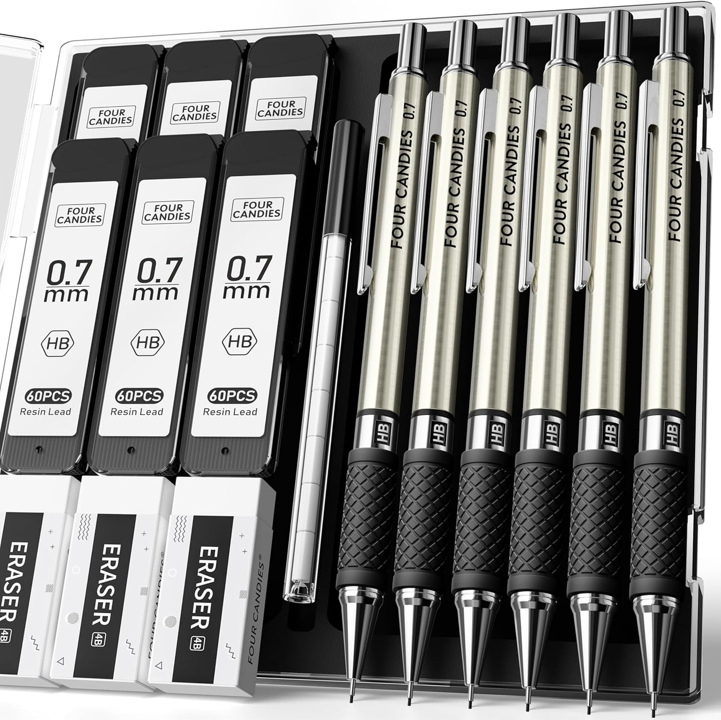 6PCS Metal Mechanical Pencil Set with 0.7mm Medium Point, 360 Leads, 12 Erasers, Art Mechanical Pencils Pack with Storage Case for School Writing, Sketching, Drawing & Professional Drafting