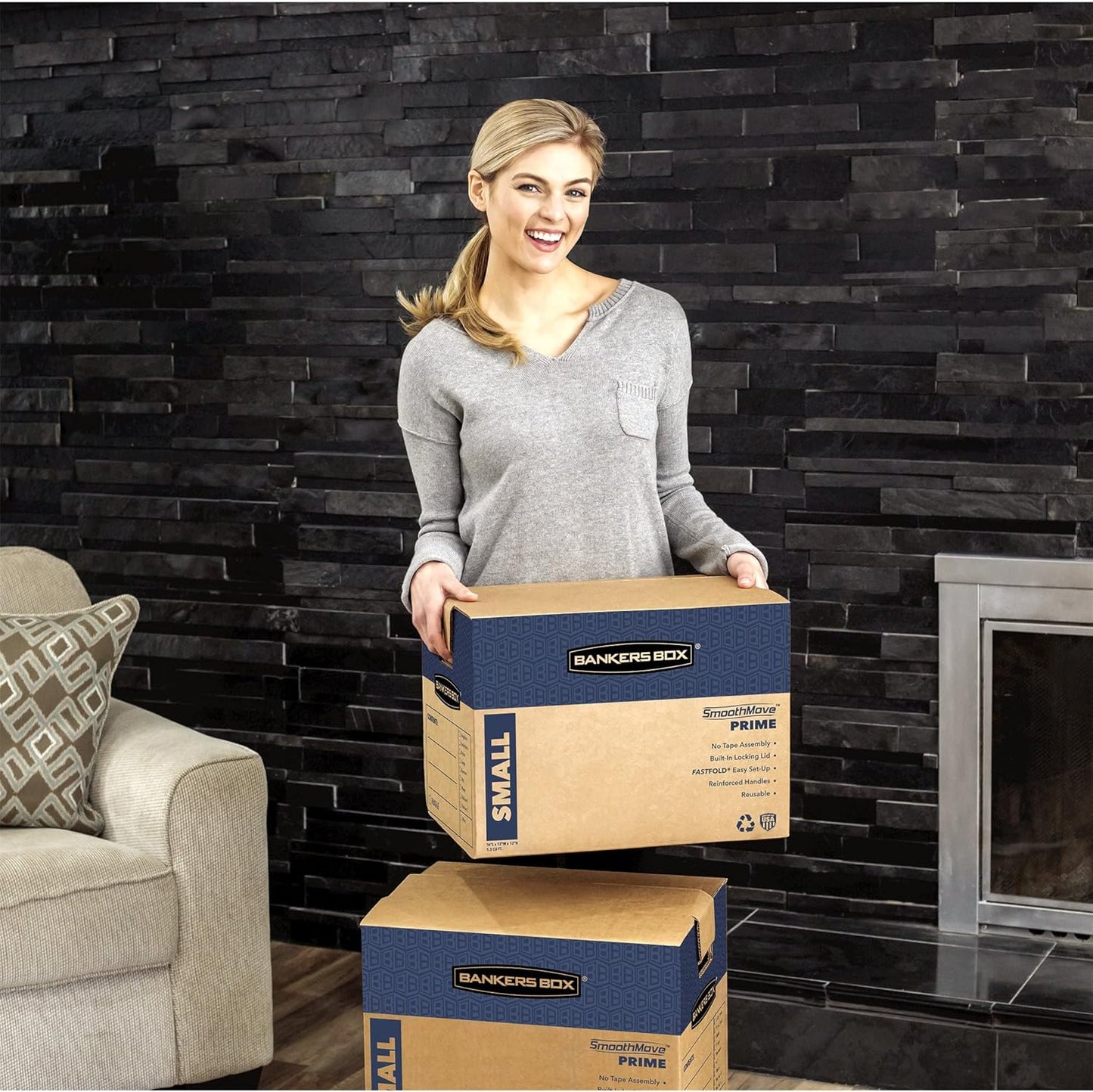 Bankers Box Large Prime Moving Box 6 Pack, Reinforced Handles, Tape-Free Assembly, Attached Lid, 18-in x 18-in x 24-in (0062904)