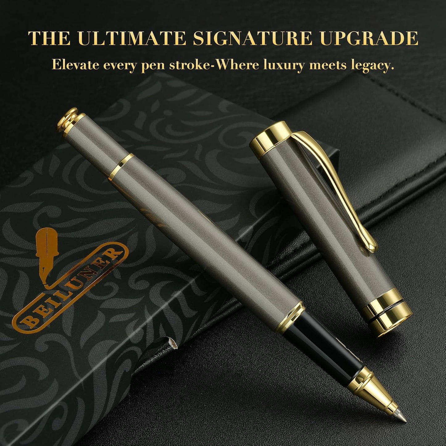 BEILUNER Ballpoint Pens, Stunning Black Chrome Metal Pen with Golden Trim, Best Ball Pen Gift Set for Men & Women, Professional, Executive, Office, Nice Pens-Gift Box with 0.5mm Black Extra Refill