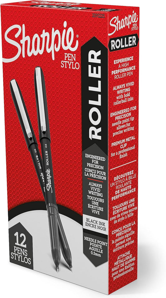 Sharpie Rollerball Pens, Needle Point Tip (0.5mm), Black Ink, 12 Count - Writing, Journaling, Note-Taking, Office Supplies