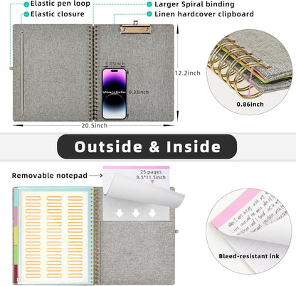 Ospelelf Foldable Spiral Clipboard Folio with Storage Zipper Pouch, 5 Plastic Folders with 10 Pockets,Refillable Lined Notepad (11" x 8.5"), Hardcover Project Organizer with 39 Stickers (Purple)