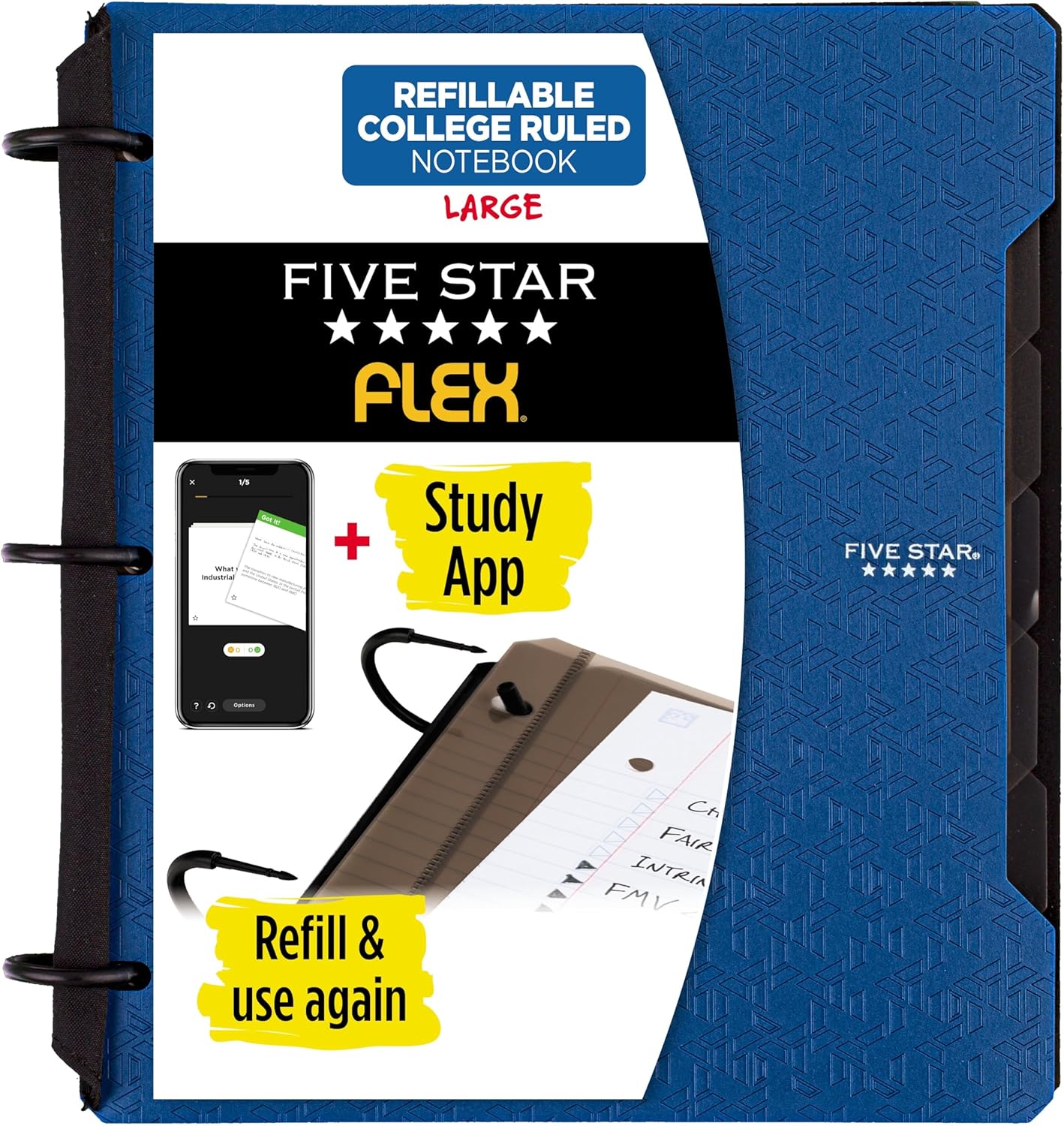 Five Star Flex Refillable Notebook + Study App 1 Inch O-Rings Binder with Pockets Tabs and Dividers, 220 Sheet Capacity, Includes 60 Sheets 8.5" x 11" College Ruled Paper, Prom Pink (293280R)