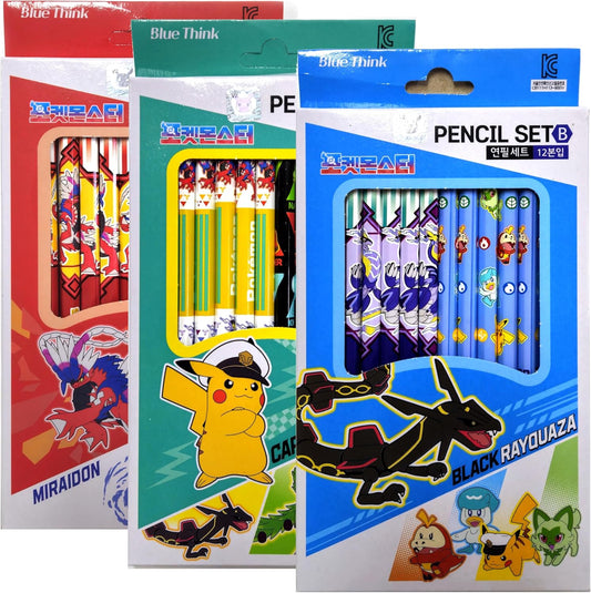 LENITH Pack of 12 - Cute Character Pikachu Monsters Pencil B Lead Wooden Pencil 3 Colors / 1 Type Randomly Send