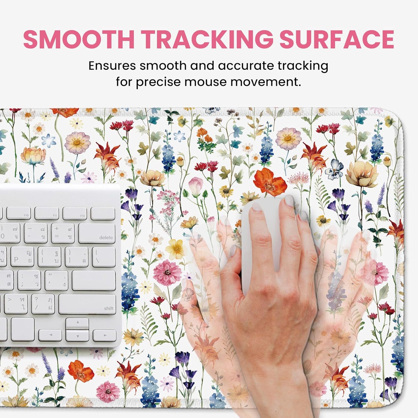 Large Mouse Pad for Desktop, Cute Desk Mat Pad Protector for Work & Gaming, Aesthetic Pretty Anti-Slip Laptop Blotter Cover for Office School Home Supplies, Wildflowers, 31.5" x 11.8"
