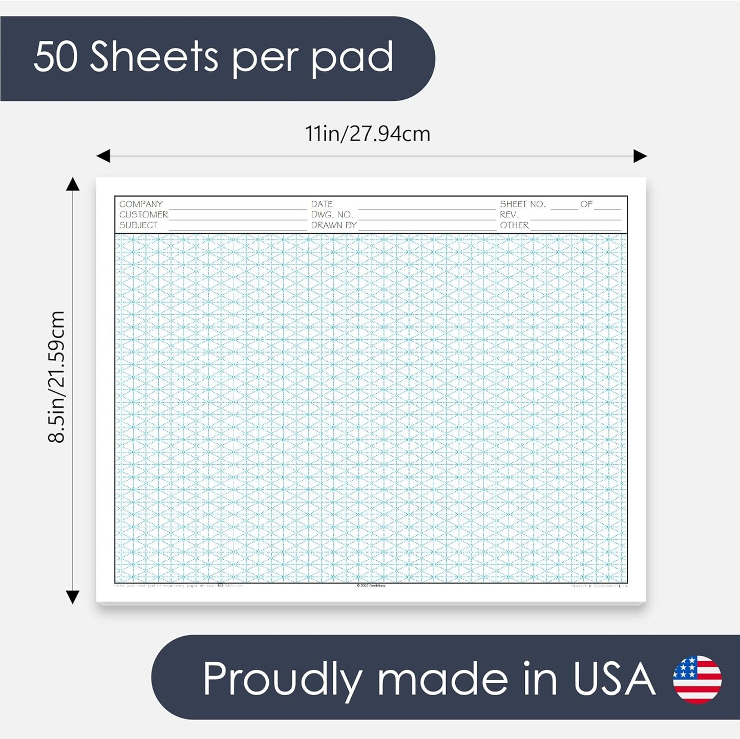 GeekNavy 8.5" x 11" Isometric Graph Paper 50 Sheets Portrait - 0.25" Grid, Non-photo Blue, High Brightness, Drafting, Engineering, Art, 3D Design (1-Pack)
