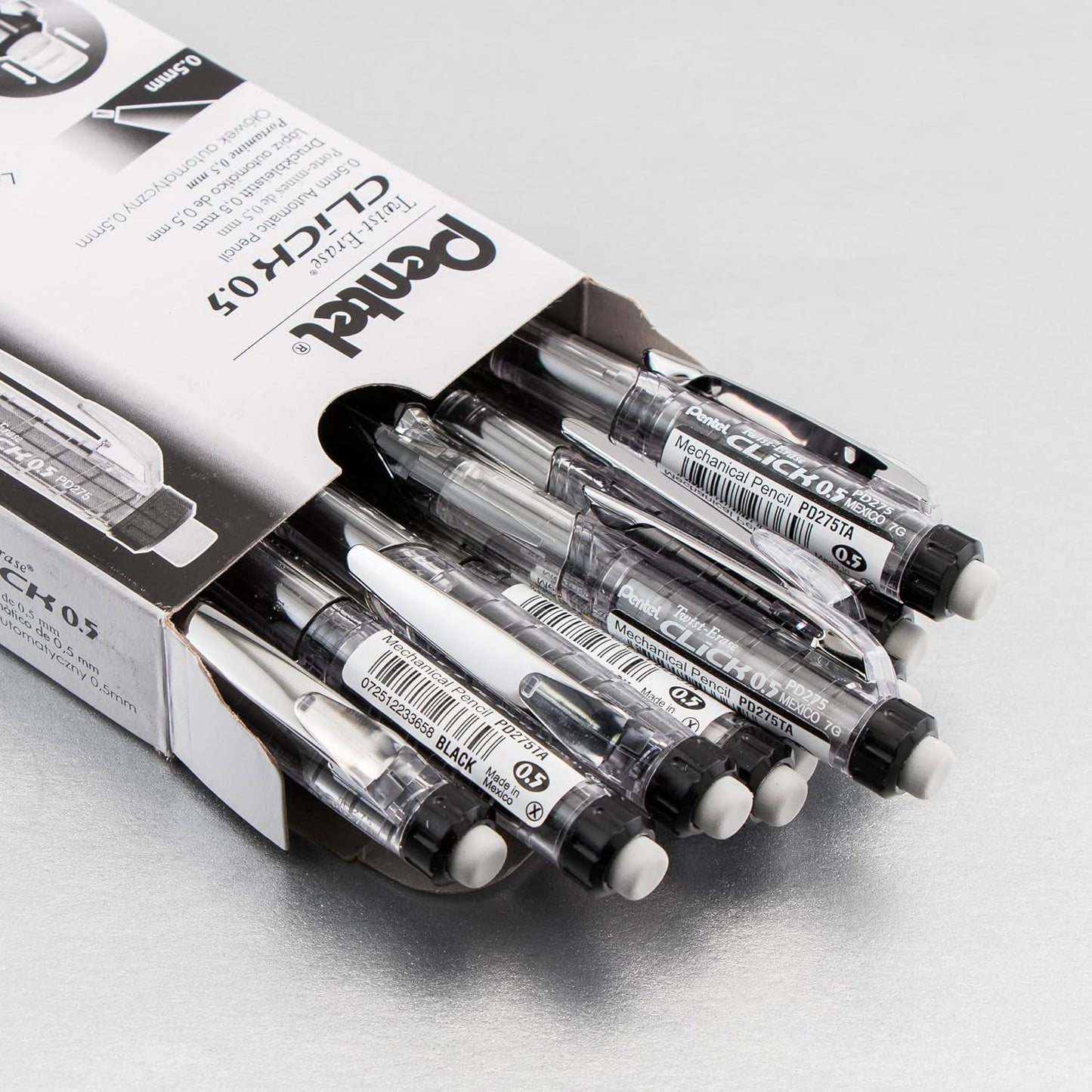 Pentel Twist Erase CLICK Mechanical Pencil, Pack of 12, (0.5mm), Clear Barrel, Black Grip, Box of 12 (PD275TA)