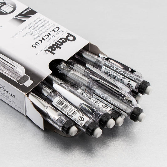 Pentel Twist Erase CLICK Mechanical Pencil, Pack of 12, (0.5mm), Clear Barrel, Black Grip, Box of 12 (PD275TA)