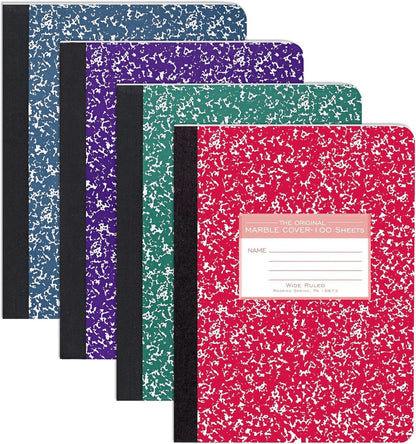 Roaring Spring Hard Cover Composition Notebook, 4 Pack, Assorted Colors Marble Comp Book, 9.75″ x 7.5″, Wide-Ruled with Margin, 100 Sheets (200 Pages)