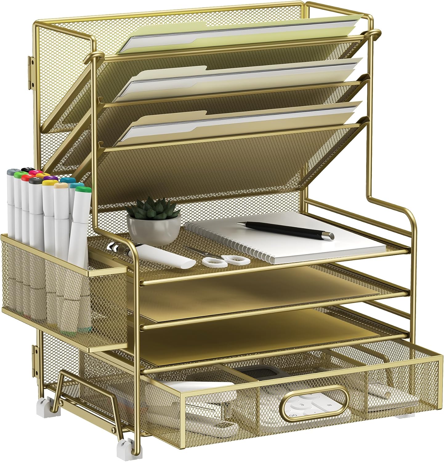 MINDEPOT 4-Tier Paper Organizer + 3-Pocket File Holder + Drawer + Pen Holders, Desktop File Organizers Paper Tray for Office Supplies School Classroom Organization (Black, No Drawer & Pen Holder)