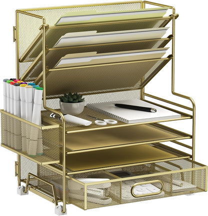 MINDEPOT 4-Tier Paper Organizer + 3-Pocket File Holder + Drawer + Pen Holders, Desktop File Organizers Paper Tray for Office Supplies School Classroom Organization (Black, No Drawer & Pen Holder)