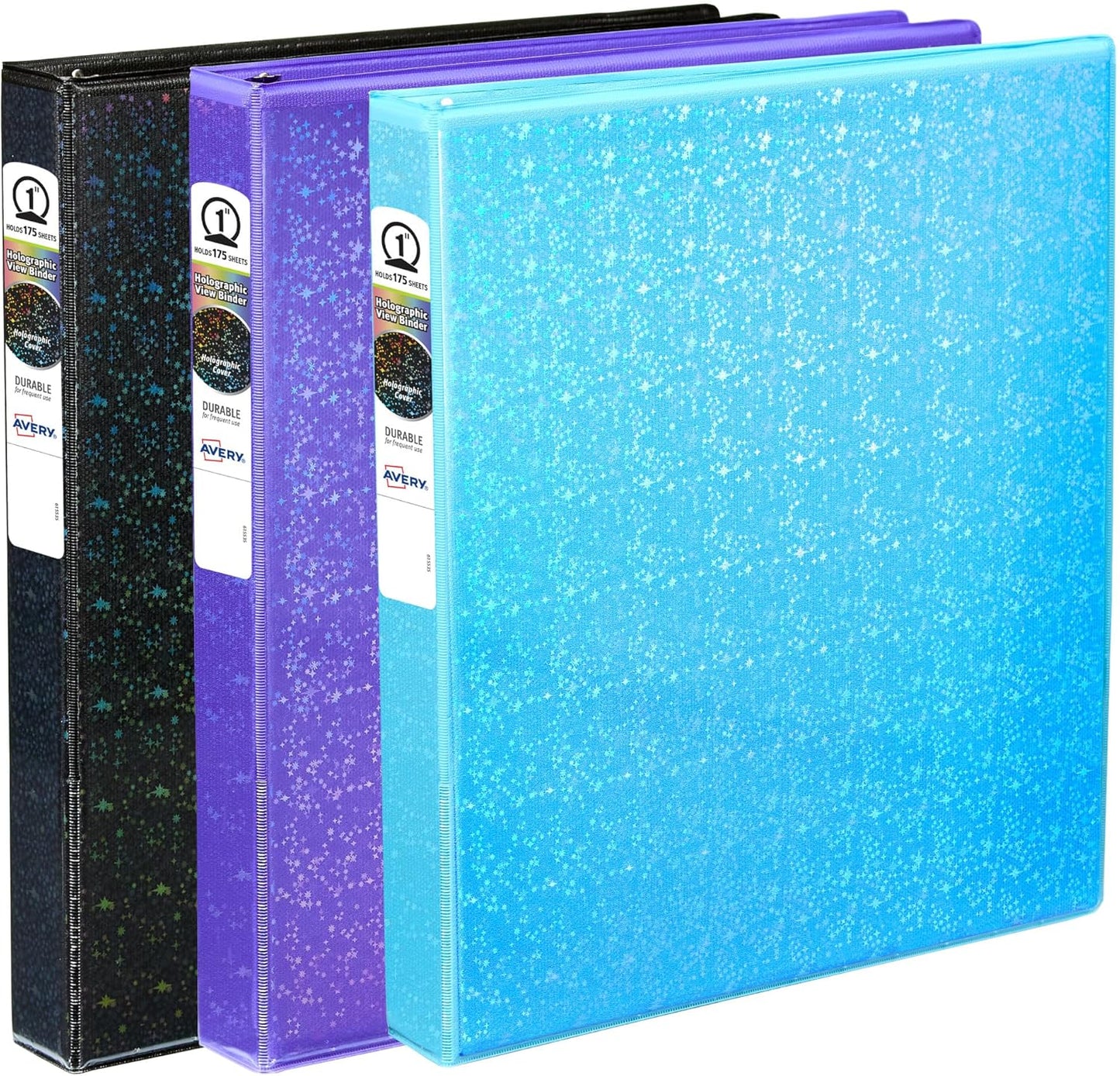 Avery Luxe Collection Durable Holographic 3 Ring Binder, Customizable View Cover, 1 Inch Round Rings, 1 Holographic Black Binder (03225)