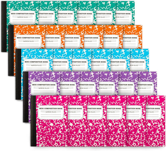 feela Composition Notebook, Mini Sized 30 Pack 5 Colors Narrow Ruled Mini Composition Books Bulk, Small Pocket Marble Cute Journal Notebooks for Kids School Home Office, Pocket Sized 4.5 x 3.25 in
