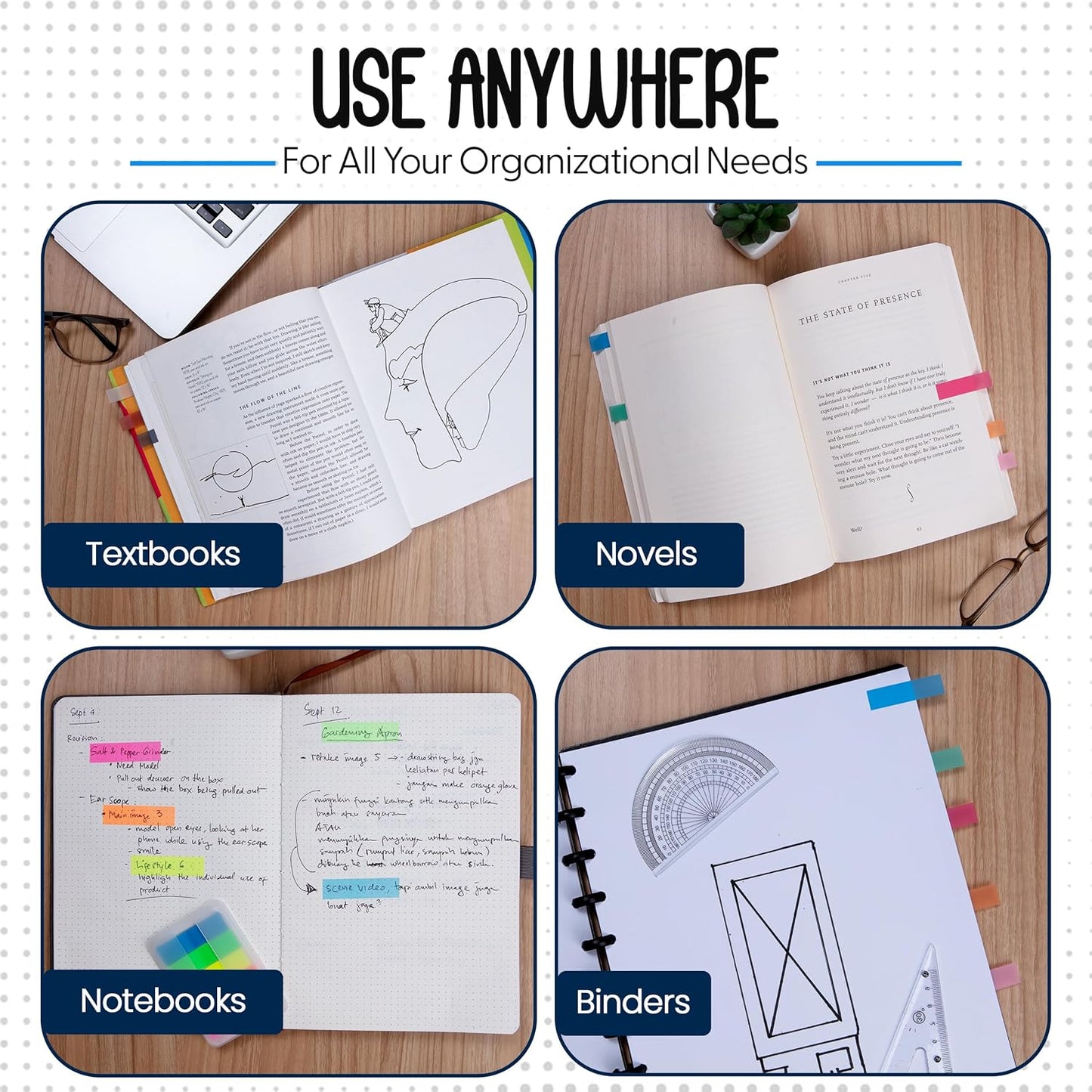 Essex Wares - 300 Pieces - Transparent Sticky Notes Tabs with Case - 5 Light Pastel Colors - 3 Cases - 1.8" x 0.4" - 60 Pieces - Pop Up Index Tabs - Book Flags for Annotating - Book Sticky Tabs