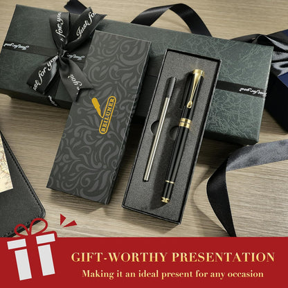 BEILUNER Ballpoint Pens, Stunning Black Chrome Metal Pen with Golden Trim, Best Ball Pen Gift Set for Men & Women, Professional, Executive, Office, Nice Pens-Gift Box with 0.5mm Black Extra Refill