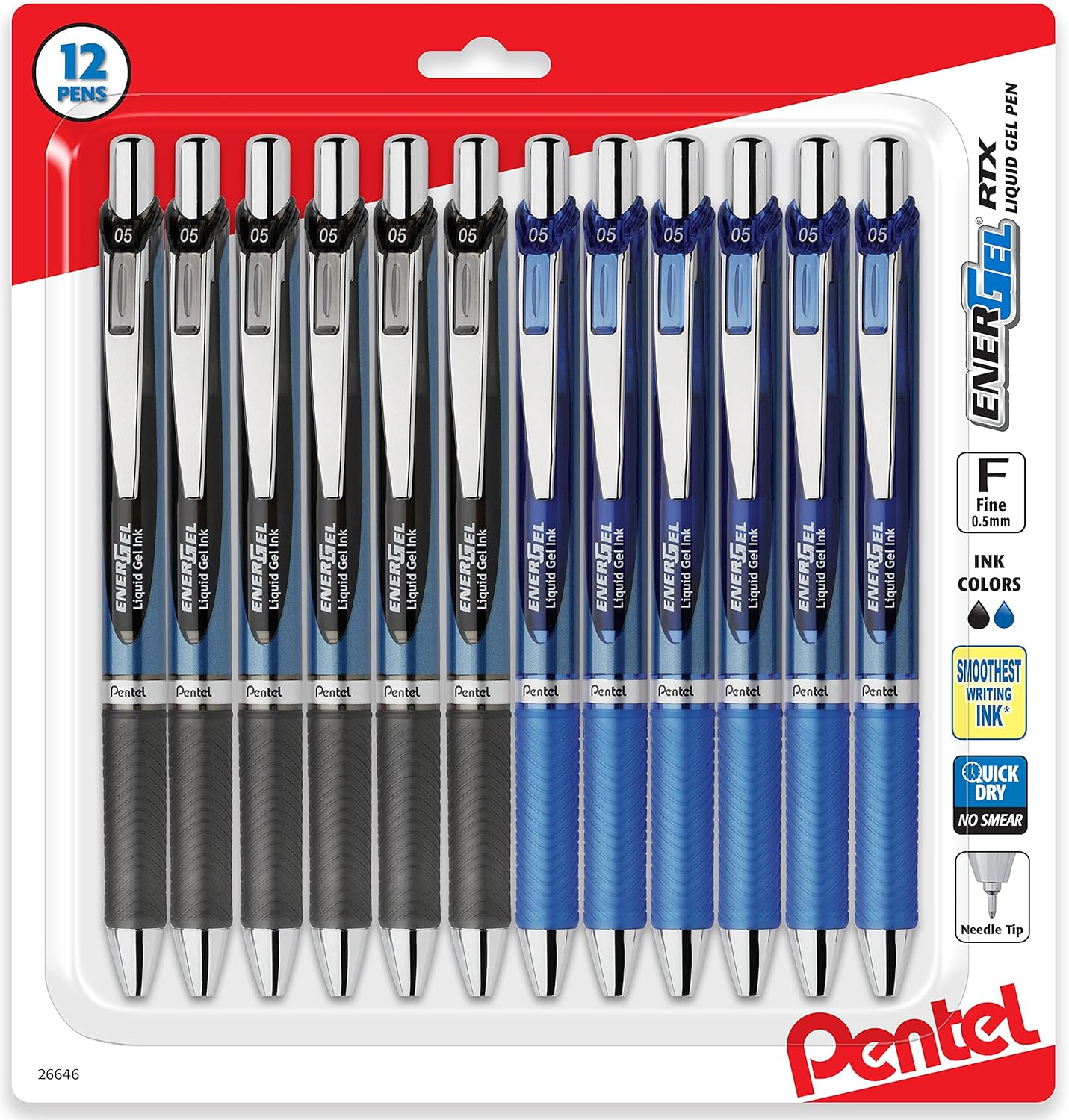 Pentel Energel 0.5 mm Rtx Retractable, 12 Pack of 6 Black & 6 Blue Ink Pens Needle Tip, Pens 0.5 mm Fine Point