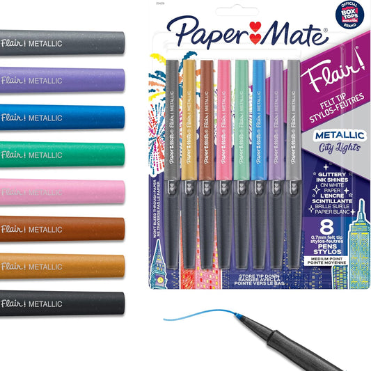 Paper Mate Flair Metallic Felt Tip Pens, City Lights Collection, Glittery Assorted Colors, Premium Ink, 16 Count - Perfect for Writing, Doodling, Bullet Journaling, Glitter, Sparkle, Writing Fun