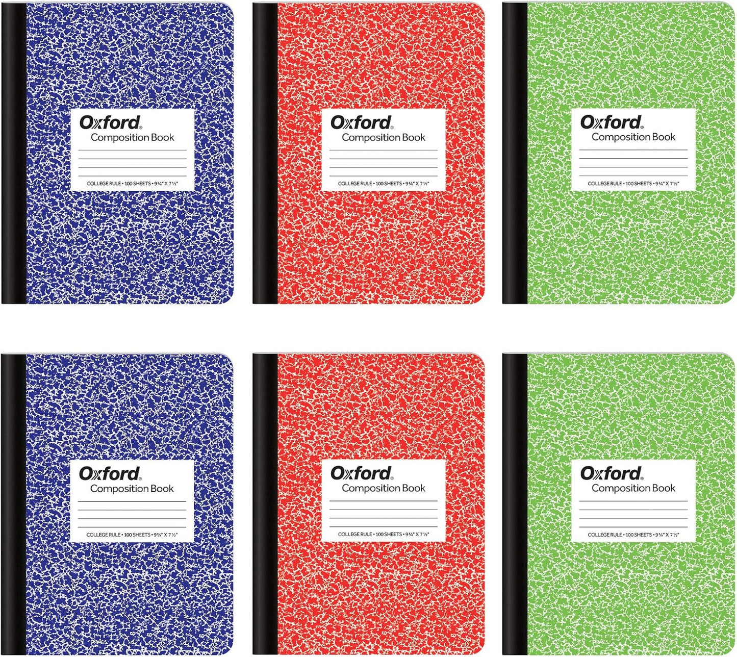 Oxford Composition Notebook 6 Pack, College Ruled Paper, 9-3/4 x 7-1/2 Inches, 100 Sheets, Assorted Marble Covers. 2 Each: Blue, Green, Red (63763)