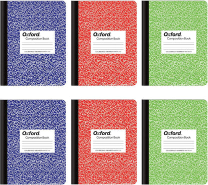 Oxford Composition Notebook 6 Pack, College Ruled Paper, 9-3/4 x 7-1/2 Inches, 100 Sheets, Assorted Marble Covers. 2 Each: Blue, Green, Red (63763)