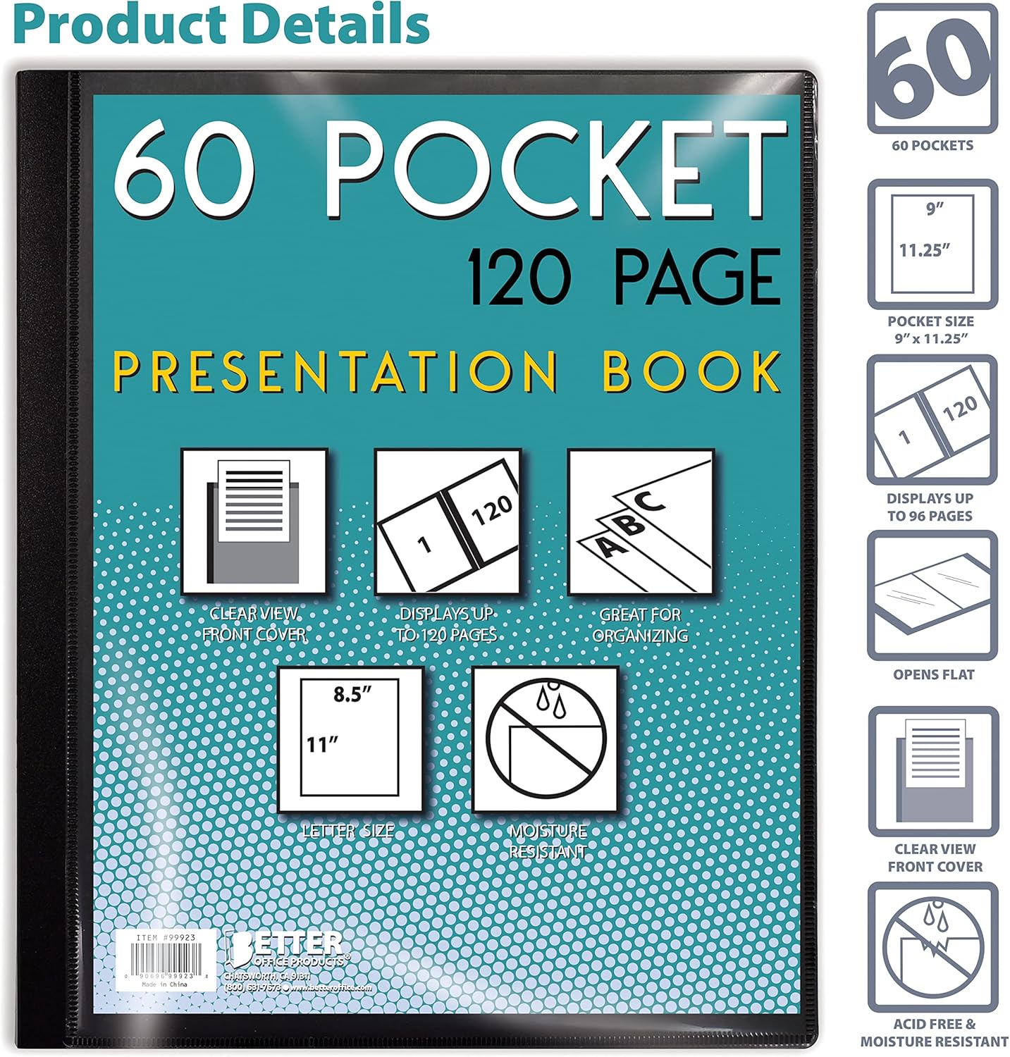 Better Office Products 60 Pocket Bound Black Presentation Book, with Clear View Front Cover, 120 Sheet Protector Pages, 8.5" x 11" Sheets, Art Portfolio, Durable Poly Covers, Letter Size