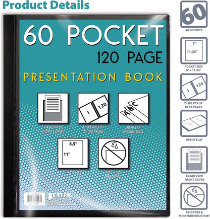 Better Office Products 60 Pocket Bound Black Presentation Book, with Clear View Front Cover, 120 Sheet Protector Pages, 8.5" x 11" Sheets, Art Portfolio, Durable Poly Covers, Letter Size