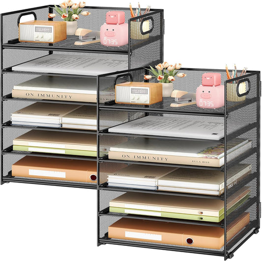 Subekyu 6 Tier Paper Organizer for Desk with Handle, Metal Mesh Desk Office File Folder Paper Letter Tray Accessories Organizer Sorter for Home, School, Office Desktop Document Organization - Silver