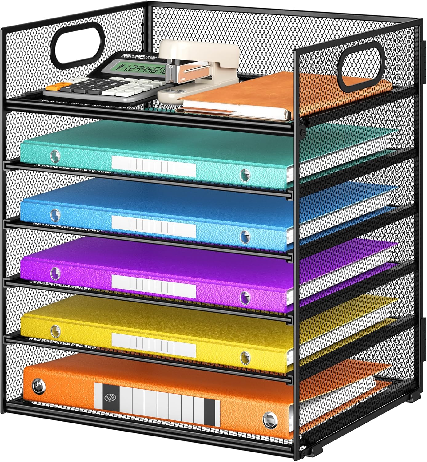 Lavatino 5 Tray Desk File Organizer, Black Mesh Paper Sorter Letter Tray Organizer with Handle, Desktop File Organizer and Storage for Letter/A4 Office File Folder