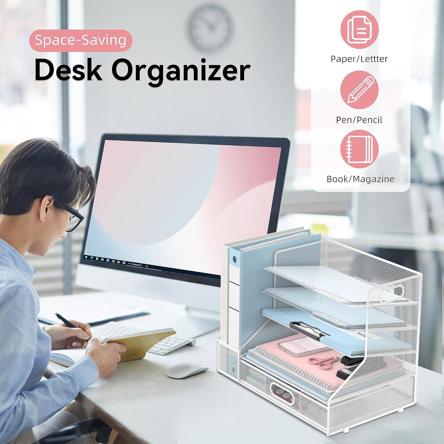 SUPEASY Desk Organizer with File Holder, 5-Tier Mesh Paper Letter Tray Organizer with Pen Holder and Drawer, Desktop Organizer and Storage with 3 Tilted File Sorter for Office Supplies, Blue