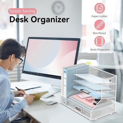 SUPEASY Desk Organizer with File Holder, 5-Tier Mesh Paper Letter Tray Organizer with Pen Holder and Drawer, Desktop Organizer and Storage with 3 Tilted File Sorter for Office Supplies, Blue