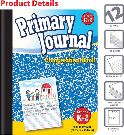 Better Office Products Primary Journal, Hardcover, Primary Composition Book Notebook - Grades K-2, 100 Sheet, One Subject, primary composition notebook with picture space