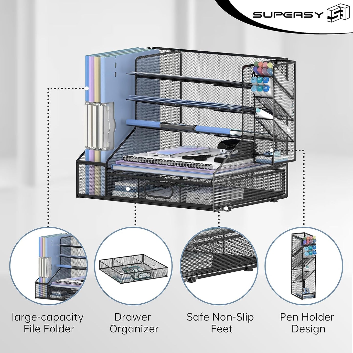 SUPEASY Desk Organizer with File Holder, 5-Tier Mesh Paper Letter Tray Organizer with Pen Holder and Drawer, Desktop Organizer and Storage with 3 Tilted File Sorter for Office Supplies, Blue