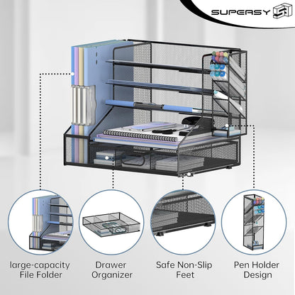 SUPEASY Desk Organizer with File Holder, 5-Tier Mesh Paper Letter Tray Organizer with Pen Holder and Drawer, Desktop Organizer and Storage with 3 Tilted File Sorter for Office Supplies, Blue