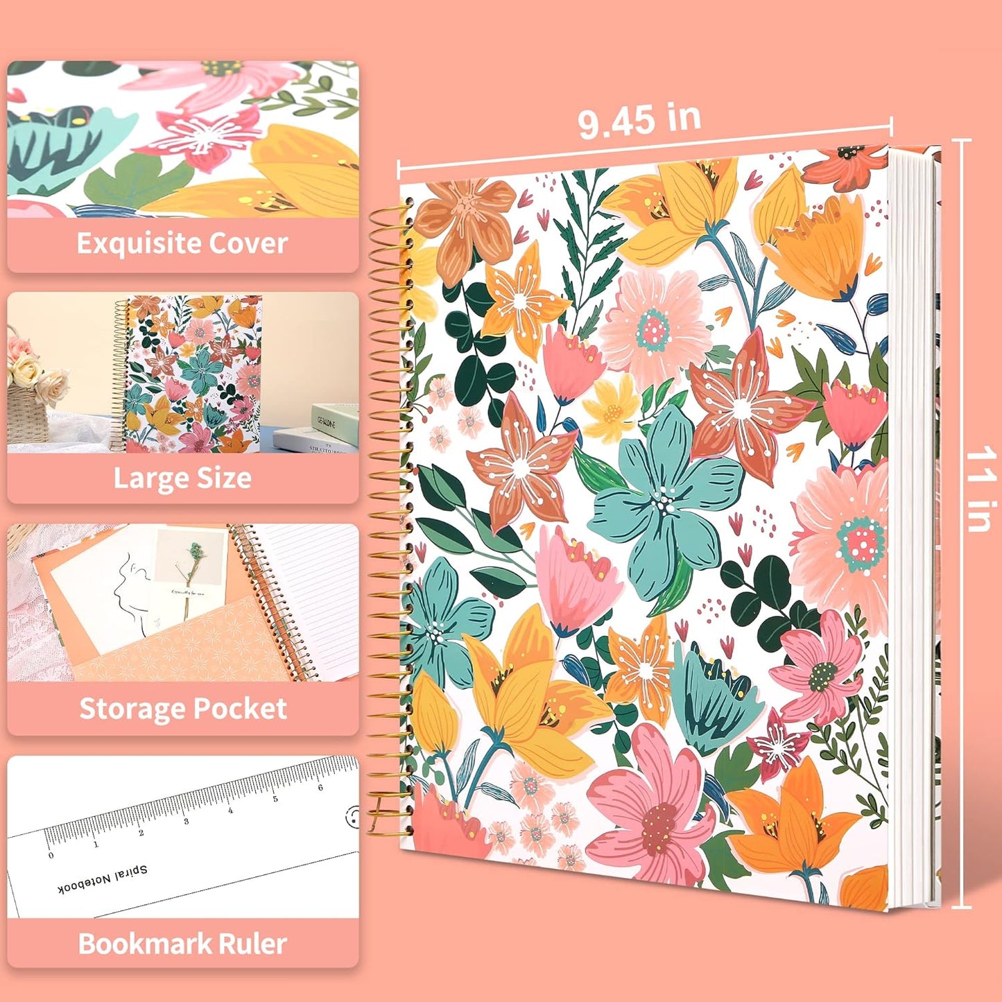 CAGIE Spiral Notebook Journal 8.5 x 11 Hardcover Notebooks College Ruled with Large Pockets Aesthetic Floral Note Book Spiral Bound Notebooks for Work Note Taking Women Writing School, 200 Pages