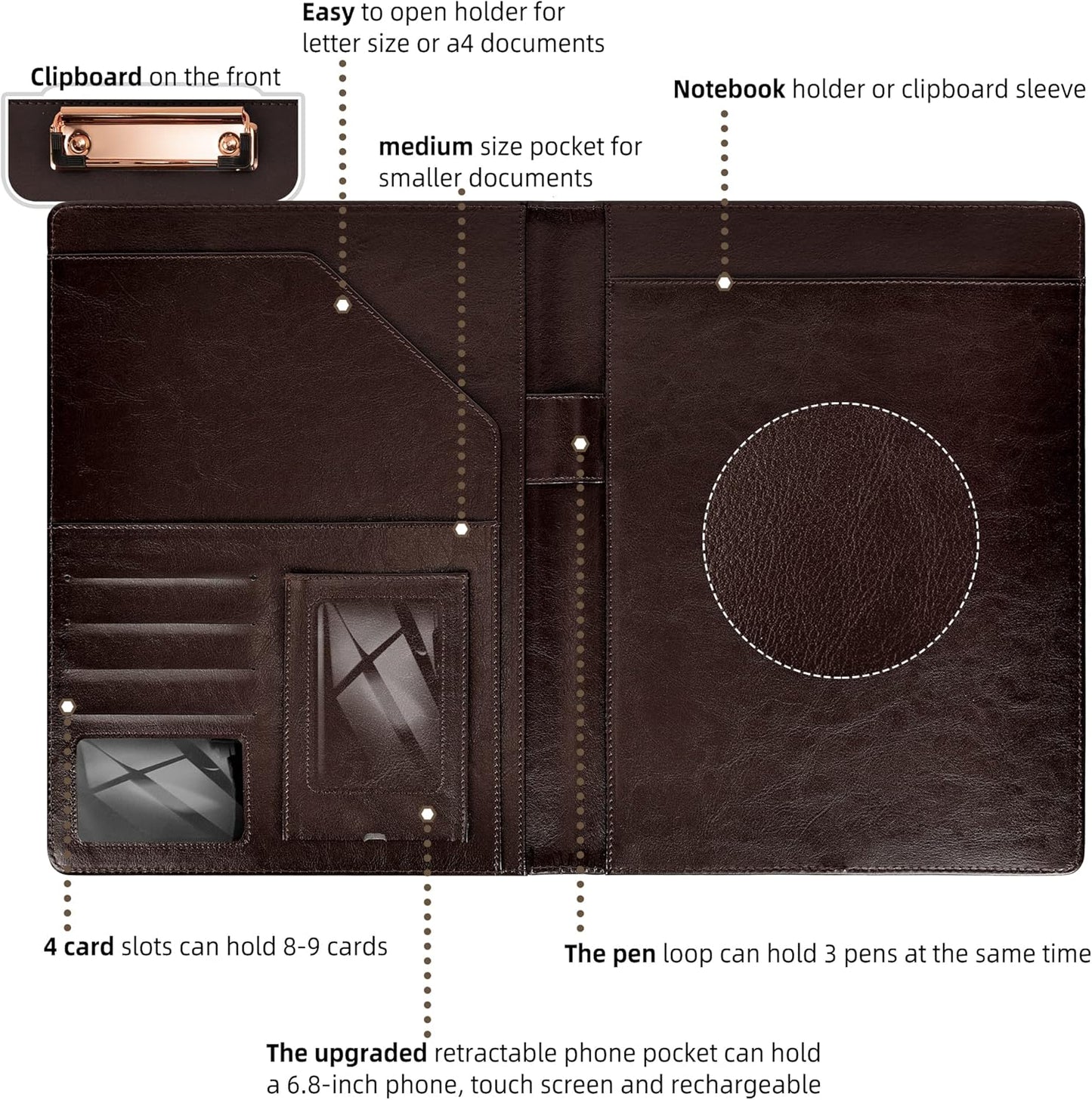 Clipboard Folio Folder Portfolio with Notepad-Pocket Business Card Holder Brown Faux PU Leather Portfolio