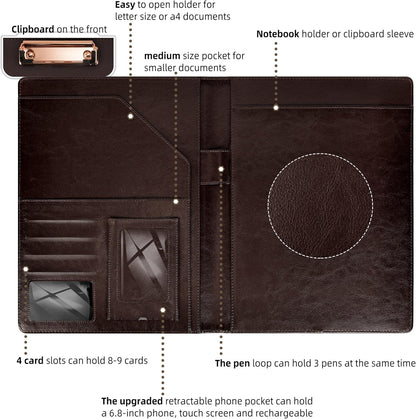 Clipboard Folio Folder Portfolio with Notepad-Pocket Business Card Holder Brown Faux PU Leather Portfolio