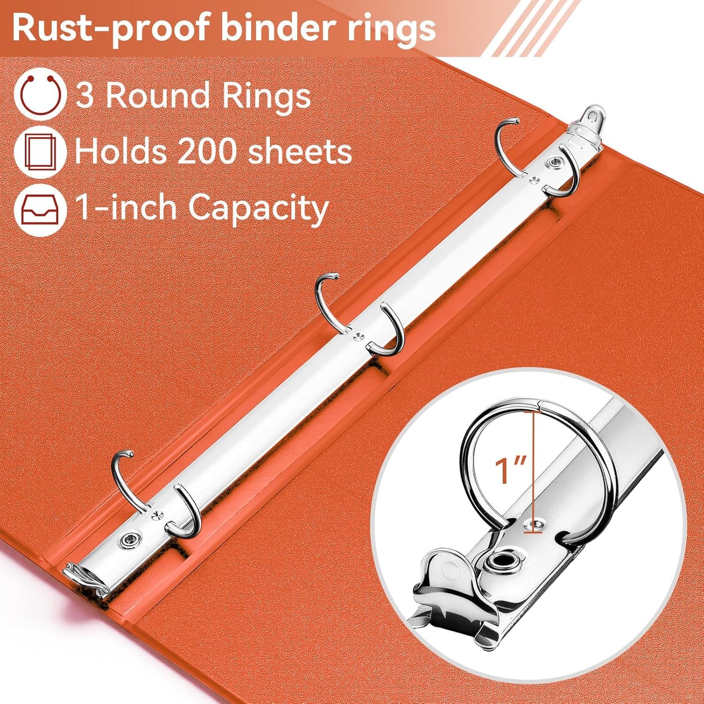 SUIN 1 Inch 3 Ring Binder, Clear 1'' View Presentation Binders with 2 Pockets, Fits 8.5 x 11 Letter Size, Durable Polypropylene, Non-Stick & PVC-Free for School, Office & Home (Orange)