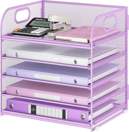 Lavatino 5 Tray Desk File Organizer, Black Mesh Paper Sorter Letter Tray Organizer with Handle, Desktop File Organizer and Storage for Letter/A4 Office File Folder