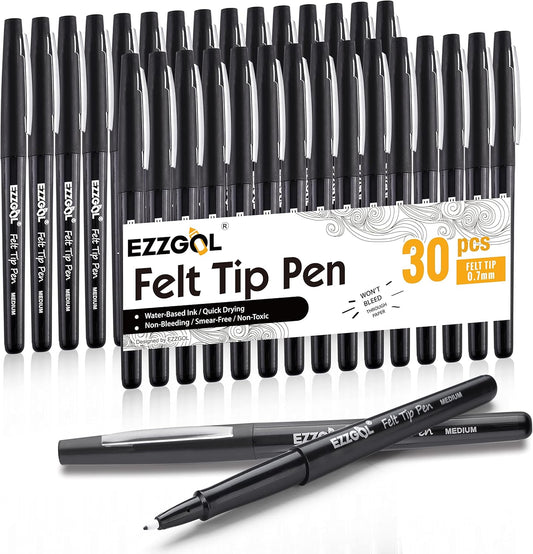 Ezzgol Black Felt Tip Pens, 30 Pack, 0.7mm Premium Medium Fine Point, Felt Tip Markers For Writing, Journal, Planner Coloring, Note Taking, Drawing, Art, School