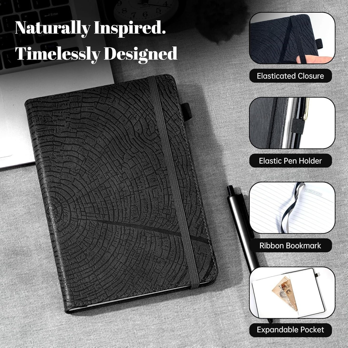 CAGIE Lined Journal for Men Women, Tree Growth Ring Leather Bound Journal Notebook, 256 Pages 100 GSM Journals for Writing, A5 Hardcover Journaling Notebooks for Work, Note Taking