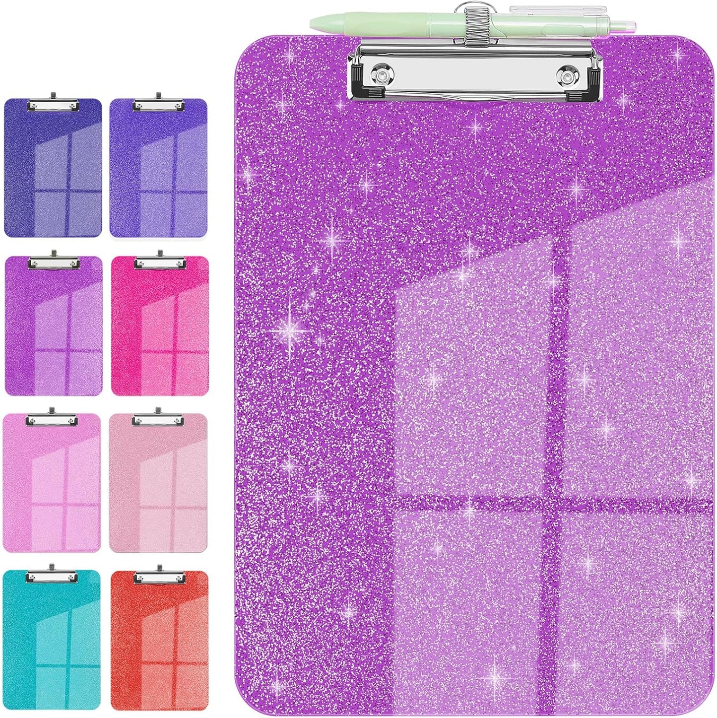 Sparkly Clipboard with Pen Holder, Clear Plastic Glitter Clip Board, Hanging Shiny Clipboards with Low Profile Metal Clip, Letter A4 Size for Taecher Women Office School (Rose Pink)