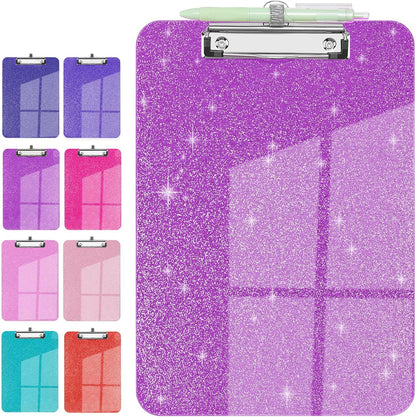 Sparkly Clipboard with Pen Holder, Clear Plastic Glitter Clip Board, Hanging Shiny Clipboards with Low Profile Metal Clip, Letter A4 Size for Taecher Women Office School (Rose Pink)
